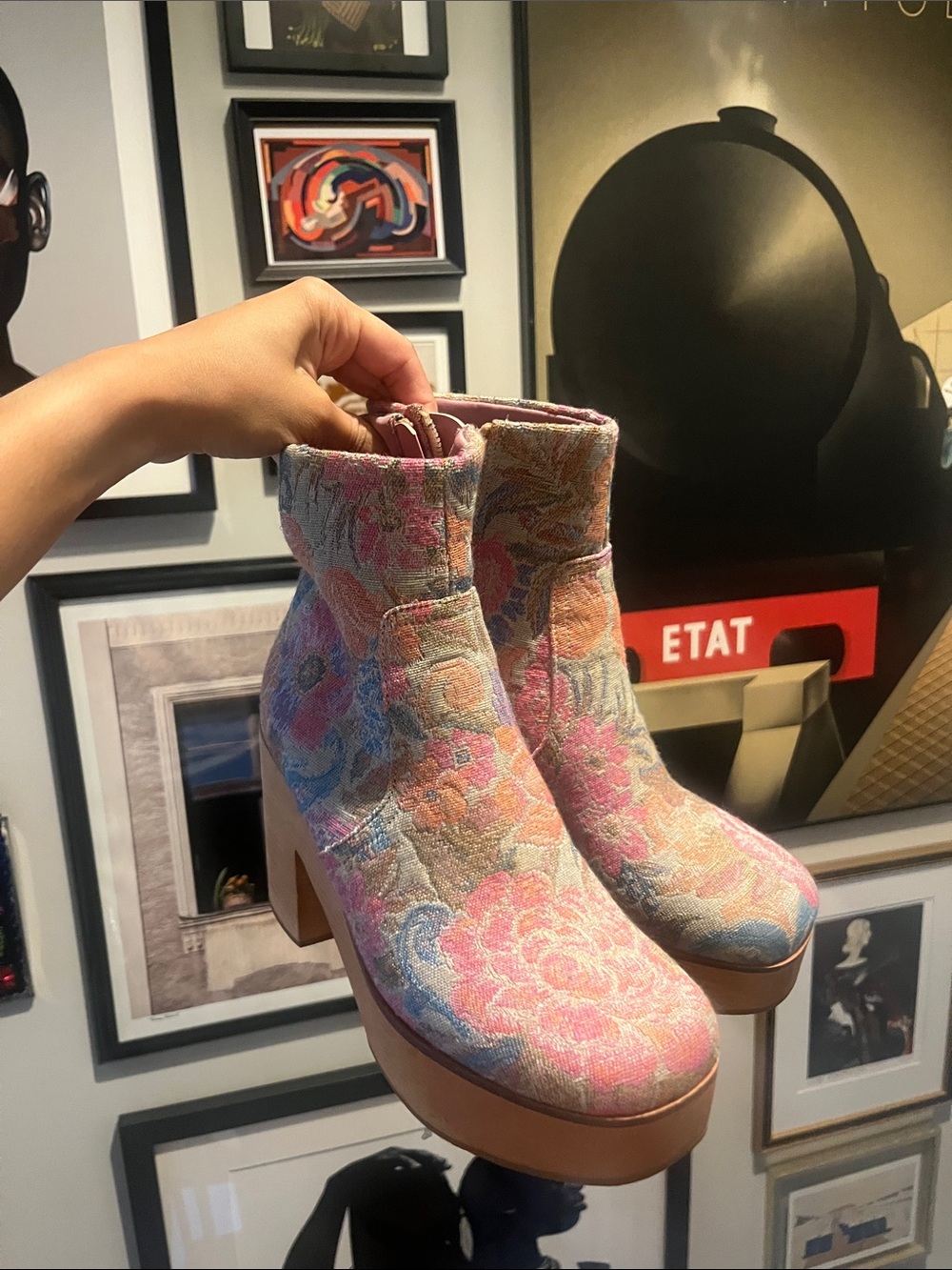 Charlotte Stone Pink Multicolor Floral Tapestry Platform Ankle Boots